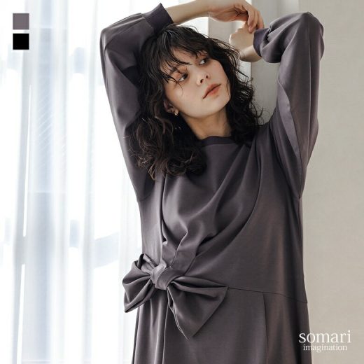 【30％OFF】ワンピース レディース 長袖 長袖ワンピース ワンピ ロングワンピース ロング丈 ウエストマーク リボン リブ ギャザー 無地 伸縮性 楽 春 秋 冬 着回し オシャレウォーカー◇【メール便不可】【40】