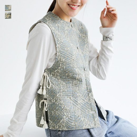 [4/20 23:59迄クーポンで20％OFF]ジレ ベスト レディース アウター キルティング 総柄 エスニック プリント リボン フリンジ クルーネック 重ね着 レイヤード 春 夏 秋 オシャレウォーカー※メール便可※【10】