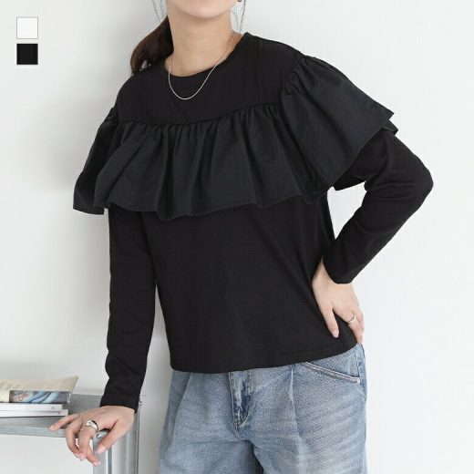 [4/21 12:59迄クーポンで最大15％OFF]カットソー レディース トップス 長袖 プルオーバー ロンT フリル クルーネック 切替 異素材 二の腕カバー 春 秋 オシャレウォーカー※メール便可※【10】