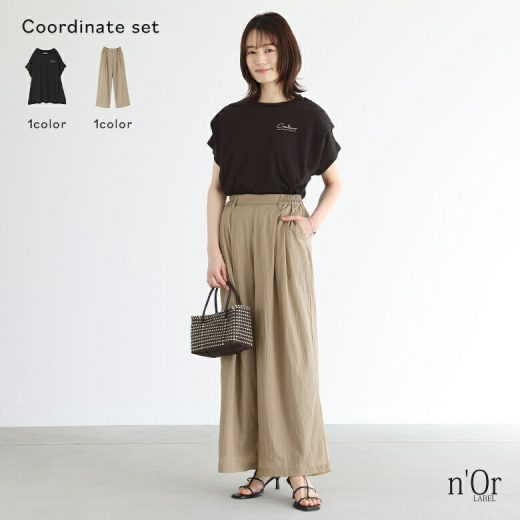 [4/15 23:59迄クーポンで20％OFF]『ステッチロゴTシャツ×シアータックパンツコーデ2点SET』[2点コーデセット 2024 レディース Tシャツ 半袖 刺繍 カットソー ワイドパンツ ストレート ロング丈]【メール便不可】【15】