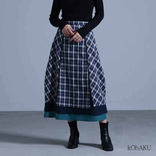ロング スカート レディース ボトムス コクーンスカート コクーン ロングスカート チェック柄 異素材 パイピング シフォン チェックスカート ロング丈 ファスナー 裏地付き スリット ゴム モード※メール便可※【10】