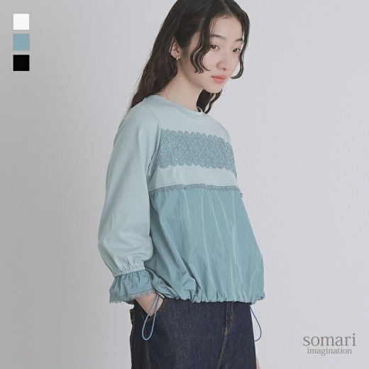 【全品送料無料】カットソー 七分袖 レディース トップス ドロスト レース 異素材 ロンT クルーネック 綿100％ ナイロン きれいめ ショート丈 大きいサイズ 二の腕カバー 春 秋※メール便可※【10】