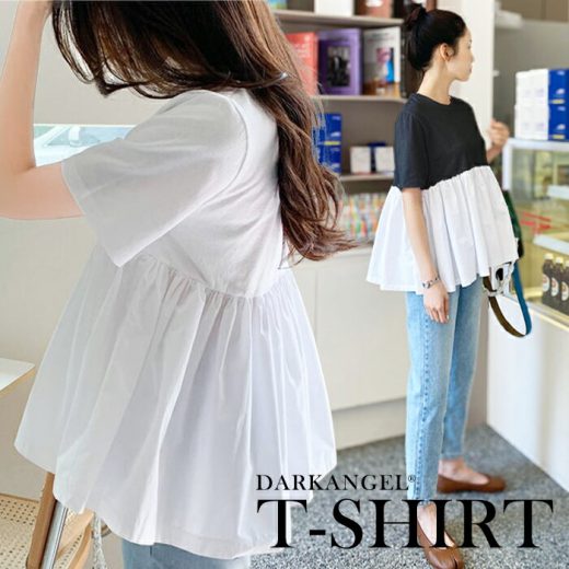 【4/22 10時〜24H限定：1枚1,580円！2枚購入クーポンで】 ギャザー トップス tシャツ バックフリル ペプラム カットソー レディース バックペプラム カジュアル きれいめ シンプル 体型カバー ゆったり無地 ラウンドネック 半袖 春【布帛切り替えペプラムTシャツ】
