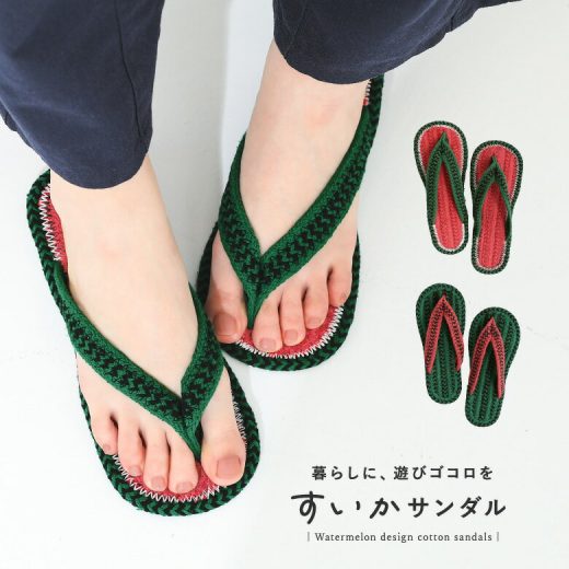 『すいかデザインコットンサンダル』[ルームサンダル 室内履き 草履 コットンサンダル すいか スイカ 鼻緒 レディース かわいい スリッパ 静音 洗える 夏用 綿 ルームシューズ]【メール便不可】【20】