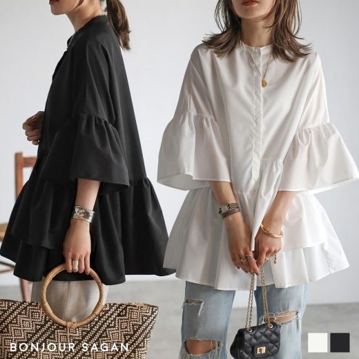 ＼20時～4H限定！25%OFFクーポンで3,742円／アシメ フリル ペプラム シャツ チュニックブラウス レディース トップス 春 夏 秋 5分袖 シワになりにくい 体型カバー バンドカラー フレアスリーブ アシメフリルシャツ 77-002923