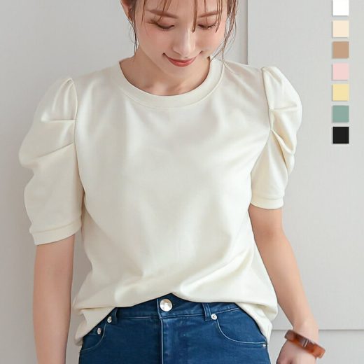 ボリューム袖 Tシャツ レディース カットソー トップス クルーネック 丸首 秋 春 きれいめ パフスリーブ パワショル ボリュームスリーブ 二の腕 白 黒 無地 綿混 半袖 半袖Tシャツ おしゃれ オフィス ぽわん袖 [C5594] 【送料無料】