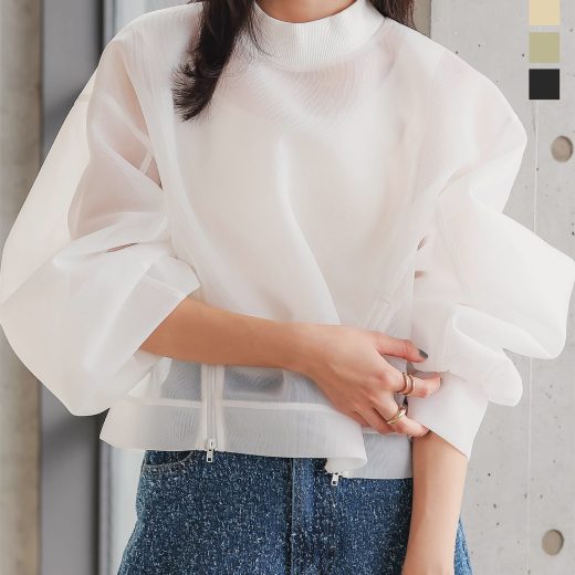 フロントジップシアーダンボールトップス [C7407] レディース 20代 30代 40代 シアー ダンボール モックネック ジップ 長袖 ボリュームスリーブ 紫外線対策 UVカット トップス PO 上品 高見え 着映え ゆるっとシルエット イエロー オフホワイト グリーン ブラック お出かけ