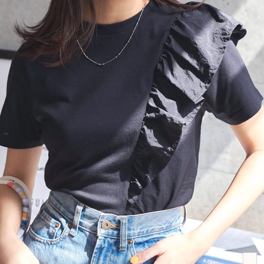 ≪4/23 24Hセール2690円 送料無料≫ 半袖Tシャツ 半袖 半袖T [C7454] レディース 20代 30代 40代 Tシャツ ティーシャツ フリル アシメ アシンメトリー ドッキング クルーネック Uネック トップス モノトーン 可愛い 大人可愛い おしゃれ 春 夏 春服 夏服【送料無料】