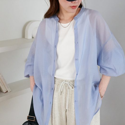 【SALE／5%OFF】Discoat 【リバイバル】シアーバンドカラーシャツ《WEB限定カラーあり》 ディスコート トップス シャツ・ブラウス グレー ピンク ブルー グリーン ホワイト パープル イエロー ブラウン
