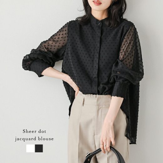 4/7 10時～24H限定【クーポン利用で2980円】ブラウス シアー バンドカラー 比翼仕立て ドットジャガード ぽわん袖 レイヤード インナー 長袖 トップス レディース 春夏【lstpss24-893】【予約販売：4月17日入荷予定順次発送】【送料無料】ユ込2