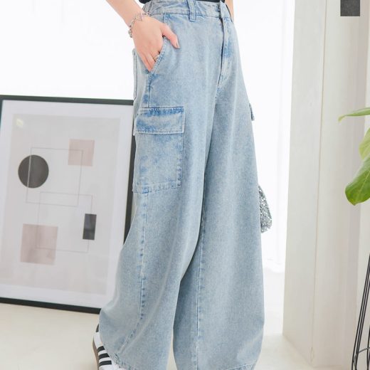 ≪4/22 24Hセール3990円 送料無料≫ デニム カーゴパンツ レディース デニムパンツ カーゴ ケミカル カーゴデニム ロングパンツ ワイドパンツ ジーンズ ジーパン ゴム ウエストゴム 黒 ブラック ポケット S M 高身長 トール ルーズ ゆったり y2k [M4079]【送料無料】