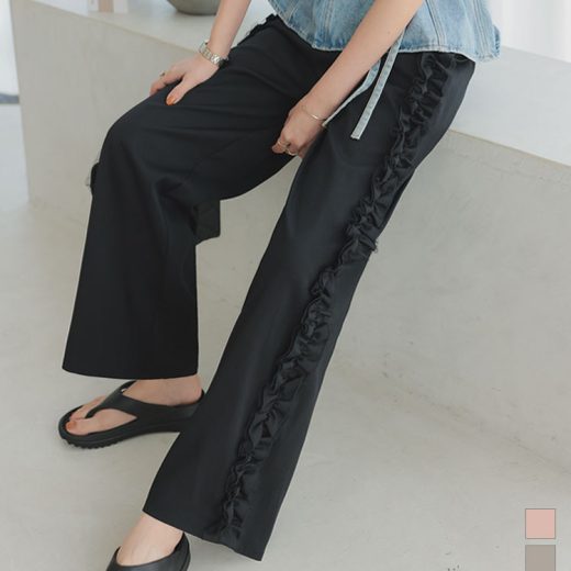 サイドフリル ワイドパンツ レディース スラックス ゴム ウエストゴム ボトムス パンツ ロング丈 ワイド フリル ストレート ロングパンツ ポケット ギャザー チュール フリー バレエコア リラックス ズボン ピンク グレー 黒 フェミニン 甘め きれいめ 30代 40代 [M4123]