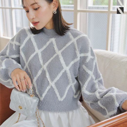 フェザー×パイルチェックニットトップス [N1113] レディース 20代 30代 40代 ニット セーター 長袖 トップス フェザー パイル チェックニット 異素材 起毛感 ふわふわ パイルニット フェザーニット ゆったり ショート丈【送料無料】