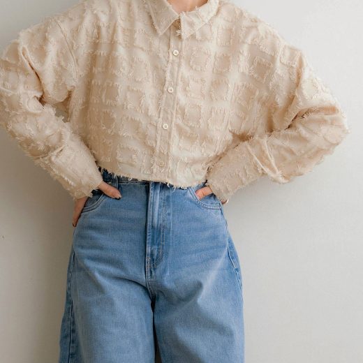 NOAHL｜【メール便】フリンジ ブロック ショートシャツ レディース トップス シャツ ブラウス ブロックフリンジ ショート ボタン アイボリー チャコール 春 秋 無地 250305