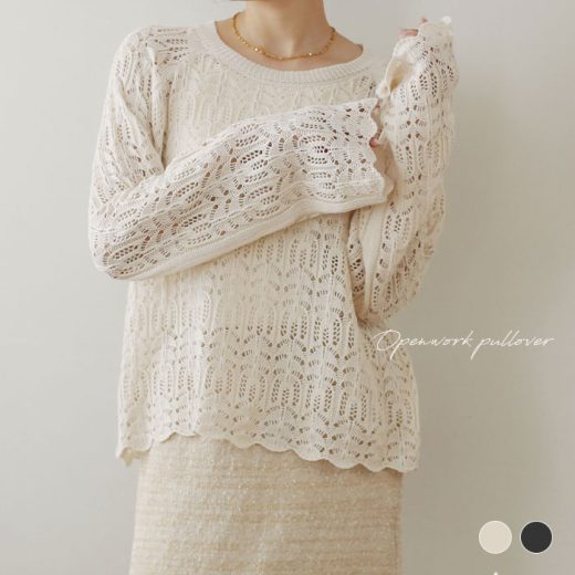 NOAHL｜《3,840円→40％offクーポン利用》透かし編み ニット プルオーバー トップス レディース 春ニット 長袖 レイヤード 重ね着 アイボリー ブラック 白 黒 ナチュラル 大人 240417【予約 アイボリー5月9日、ブラック4月30日から3営業日で発送】