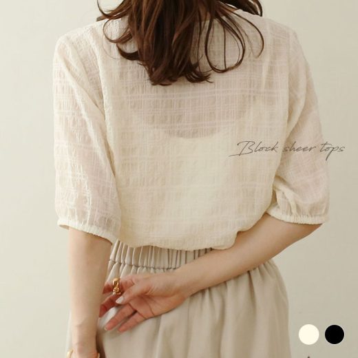 NOAHL｜《50％OFFクーポン対象》【メール便】ブロックシアー ブラウス レディース トップス プルオーバー 半袖 Uネック 五分袖 アイボリー ブラック 黒 春 夏 ノアル【予約 5月20日から3営業日で発送】