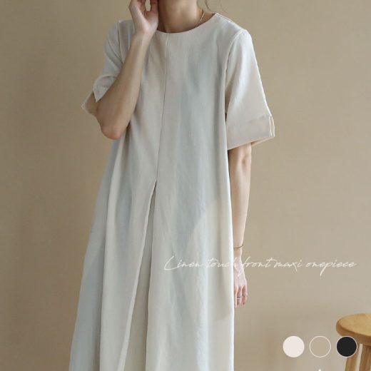 NOAHL｜《50％OFFクーポン対象》【メール便】リネンライク ワンピース レディース ロング 半袖 タック ロングワンピース Aライン アイボリー ベージュ ブラック 黒 無地 夏 ノアル【予約 5月20日から3営業日で発送】