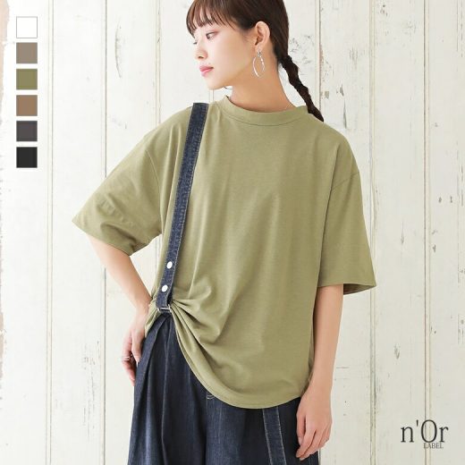 カットソーTシャツ トップス レディース プルオーバー 半袖 五分袖 春夏 ドロップショルダー タック スリット 無地 薄手 涼しい ビッグシルエット ハイネック ラフ 体型カバー 大きいサイズ※メール便可※【10】