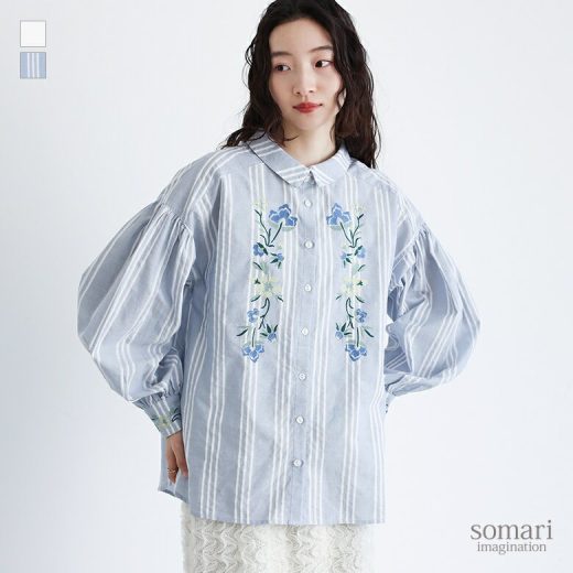 【全品送料無料】ブラウス シャツ レディース トップス ボタンシャツ 前開きシャツ 襟付きシャツ 柄シャツ 襟付き 長袖 パフスリーブ ぽわん袖 バルーン袖 ボリューム袖 花柄 フラワー フレア 無地 綿混 コットン【メール便不可】【20】