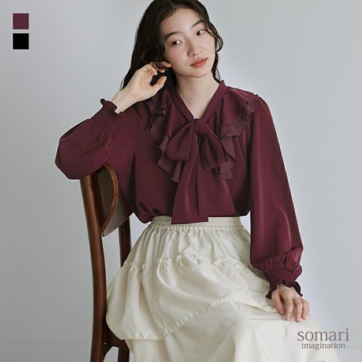 ブラウス シャツ レディース トップス ボタンシャツ 前開きシャツ 長袖 リボン シフォン フリル ラッフルフリル ギャザー ヨーク レトロ クラシック 上品 エレガント フェミニン ガーリー ゆったり ぽわん袖※メール便可※【10】