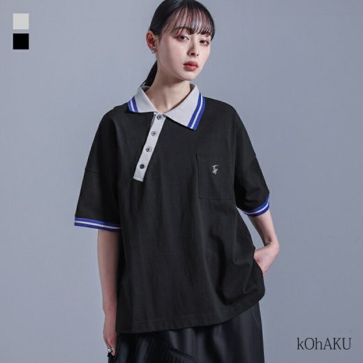 ポロシャツ レディース カットソー トップス 半袖 春 夏 配色 アシンメトリー アシメ スリット ゆったり 体型カバー 二の腕カバー ノンストレス 大きいサイズ モード ラフ スタイリッシュ 洗練 エッジィ※メール便可※【10】