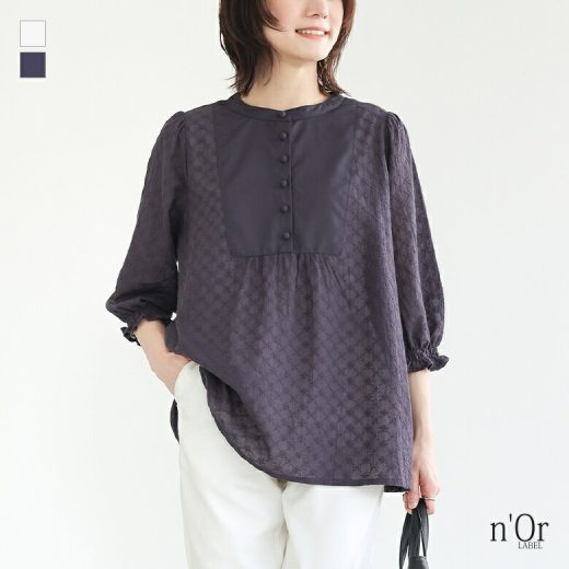[期間限定！最大50％OFFクーポン対象]ブラウス シャツ トップス レディース 春夏 半袖 六分袖 七分袖 バンドカラー シャーリング袖 柄シャツ 綿100％ レース シアー 透け感 総柄 花柄 ボタンシャツ ボザム ブザム シンプル カジュアル 上品 フレア※メール便可※【5】