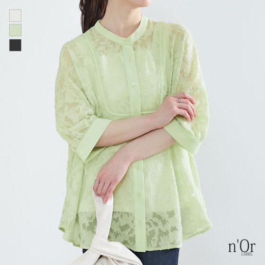 [期間限定！最大50％OFFクーポン対象]ブラウス シャツ レディース チュニック ノーカラー トップス 春 夏 薄手 半袖 七分袖 7分袖 バンドカラー 総柄 花柄 ジョーゼット シアー ボザム ブザム 異素材 ゆったり 体型カバー 大きいサイズ ※メール便可※【10】
