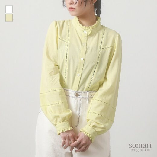 [期間限定！最大50％OFFクーポン対象]ブラウス シャツ トップス レディース 長袖 梯子レース セットインスリーブ ギャザー袖 ヨークギャザー 春色 透け感 フリル ぽわん袖 無地 カジュアル シンプル ナチュラル モード 体型カバー 大きいサイズ ※メール便可※【10】