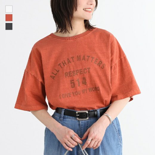 Tシャツ カットソー トップス レディース 半袖 カレッジロゴ ピグメント加工 古着ライク ユーズドライク ヴィンテージライク ゆったり カーブライン ロゴT プルオーバー クルーネック Uネック 夏 オシャレウォーカー※メール便可※【10】