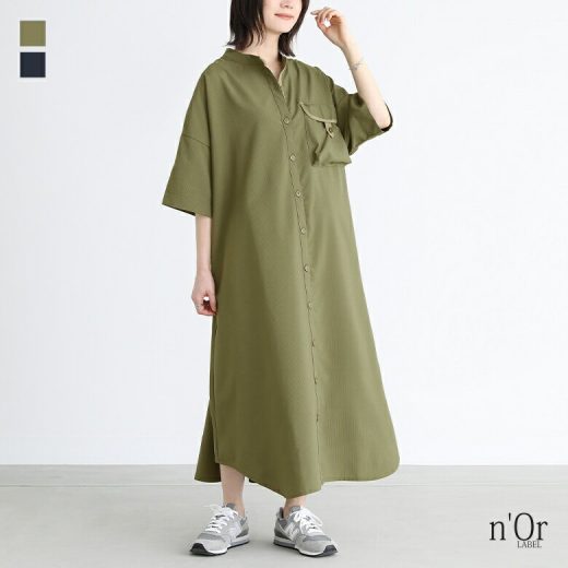 【全品送料無料】ワンピース シャツワンピース レディース シャツワンピ ワンピ 半袖 五分袖 バンドカラー ロングワンピ ワークシャツ しわになりにくい 羽織 ミリタリー 二の腕カバー 体型カバー 大きいサイズ 春 夏※メール便可※【10】