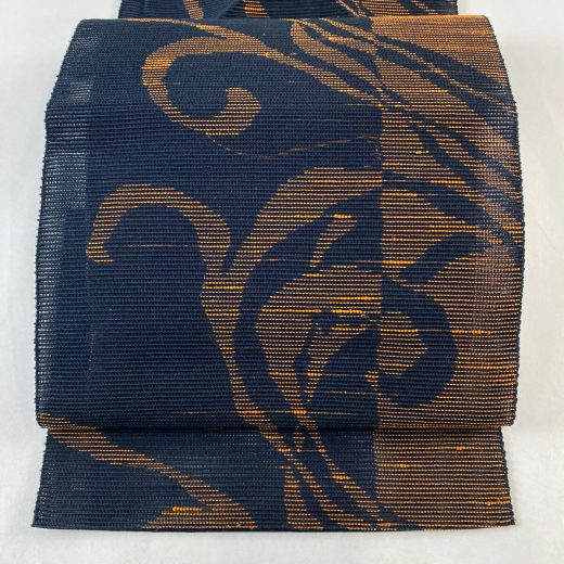 名古屋帯 秀品 夏帯 八寸名古屋帯 松葉仕立て 唐草 紺色 正絹 【中古】 msp30