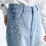【30％OFF】【送料無料】デニム ボトムス パンツ レディース ジーンズ 長ズボン ストレート フェイクパール コットン100％ オーバーダイ加工 ヴィンテージ オシャレウォーカー◇【メール便不可】【30】