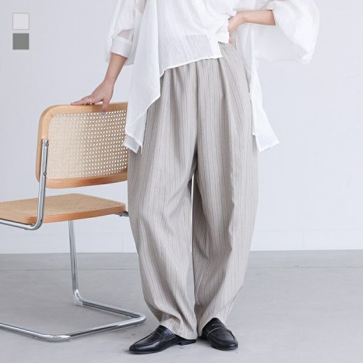 パンツ レディース ボトムス ロング丈 ワイドパンツ カーブパンツ ヘリンボーン ストライプ柄 ウエストゴム 紐 体型カバー 春 夏 オシャレウォーカー【メール便不可】【30】