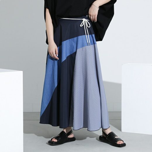 【5/10 23:59迄クーポンで20％OFF】ロングスカート レディース ボトムス ロング丈 マキシ丈 フレアスカート 異素材 切り替え 配色 ストライプ ウエストゴム 春 夏 オシャレウォーカー【メール便不可】【30】