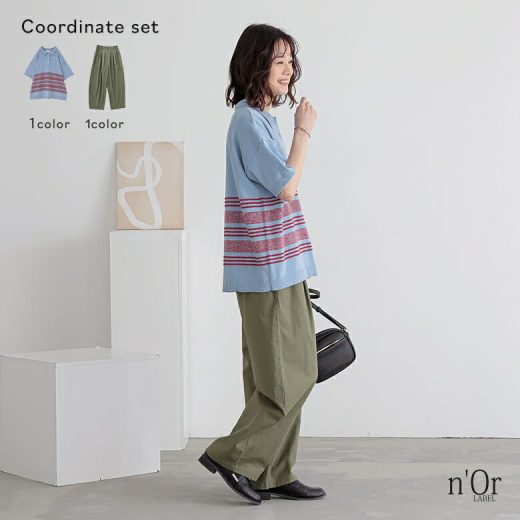 『綿麻混冷感バレルレッグパンツ×ミックス編みボーダーポロニットコーデ2点SET』[2点コーデセット 2025 レディース パンツ ボトムス タック ロング ニット トップス 半袖 ポロシャツ]【メール便不可】【30】