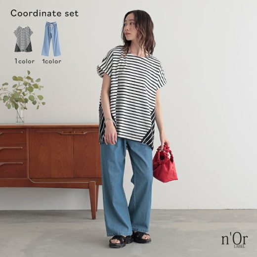 2点コーデセット 2025 レディース カットソー Tシャツ 半袖 トップス フレンチスリーブ ボーダー柄 コットン100％ ボトムス パンツ ロングパンツ ワイドパンツ ストレートパンツ デニム 春 夏オシャレウォーカー【メール便不可】【20】