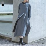 ワンピース レディース 長袖ワンピース 長袖 ワンピ ハイネック 異素材 スーツ生地 モード フレア ロング丈 ミモレ丈 スタンドネック 変形 配色 無地 異素材MIX オシャレウォーカー【メール便不可】【30】