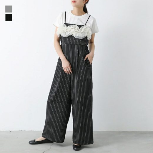 サロペット レディース オールインワン ロング丈 パンツ サロペ キャミ チュール ストライプ柄 無地 フリル レイヤード 重ね着 春 夏 オシャレウォーカー【メール便不可】【30】