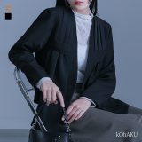 【送料無料】ジャケット レディース アウター ライトアウター ブルゾン 長袖 異素材 ノーカラー ショート丈 ミディ丈 ミドル丈 配色 無地付き 重ね着 スーツ生地 裏地 ドッキング オシャレウォーカー【メール便不可】【30】