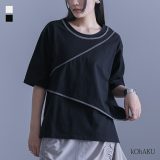 カットソー レディース トップス Tシャツ 半袖 アシンメトリー コットン100％ 綿100％ 配色 パイピング 春 夏 オシャレウォーカー※メール便可※【10】