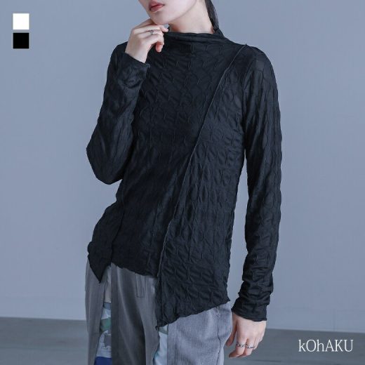 【15％OFF】カットソー レディース トップス 長袖 ハイネック アシンメトリー アシメ シアー シースルー 切り替え 透け感 重ね着 レイヤード 切替 伸縮性 すっきり ラフ 春 秋 冬 オシャレウォーカー◇※メール便可※【5】