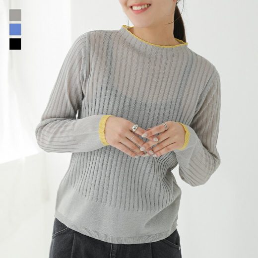 【期間限定！最大50％OFFクーポン対象】トップス ニット リブニット 長袖ニット シアーニット シアー 透け感 パステル 配色 ライン 重ね着 レイヤード レディース オシャレウォーカー 春 夏 秋【メール便不可】【20】