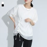 カットソー レディース トップス 半袖 Tシャツ シアー オーガンジー ドロスト リボン アシメ クルーネック レイヤード 重ね着風 春 夏 オシャレウォーカー【メール便不可】【20】