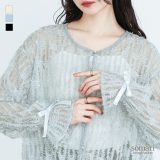 カーディガン レディース トップス 長袖 フリンジ チュール カーデ キャンディースリーブ ぽわん袖 ショート丈 リボン キラキラ フェミニン 上品 きれいめ 春 夏 オシャレウォーカー※メール便可※【10】