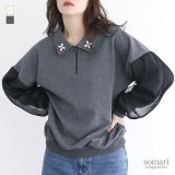 【20％OFF】スウェット レディース トップス 長袖 トレーナー 襟付き フェイクパール チュール ハーフジップ プルオーバー ショート丈 ミドル丈 ドロップショルダー プリーツ 配色 無地 綿混 春 秋 オシャレウォーカー◇【メール便不可】【40】