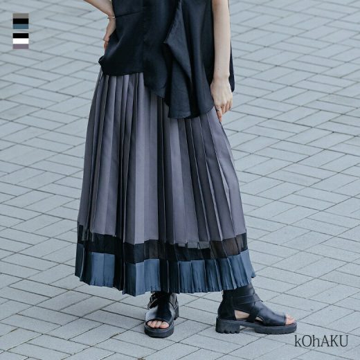 【予約期間限定！6,980円(税込)→6,282円(税込)】『kOhAKUシアー切替配色プリーツスカート』[スカート レディース ボトムス ロング丈 マキシ丈 プリーツ 配色 シアー 切り替え ウエストゴム 春 夏]【メール便不可】【30】