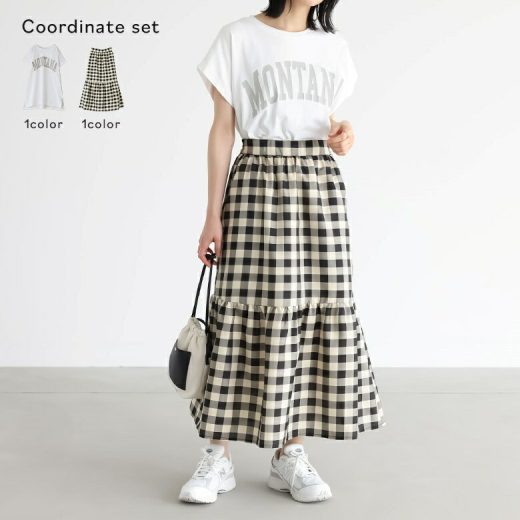【5/26 12:59迄クーポンで20％OFF】『カレッジロゴ風フレンチ袖Tシャツ×ギンガムチェックティアードスカートコーデ2点SET』[2点コーデセット 2024 レディース Tシャツ トップス カットソー スカート ボトムス ロング丈 チェック]【メール便不可】【15】