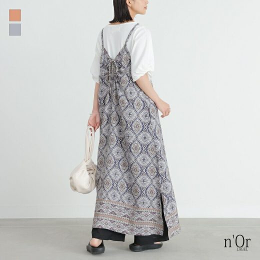 【全品送料無料】『エスニック柄プリントキャミワンピース』[n'OrLABEL キャミワンピース レディース ワンピース ロングワンピース キャミワンピ ノースリーブ エスニック柄 リボン ギャザー レーヨン100%]※メール便可※【5】