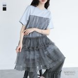 ワンピース レディース チュニック チュール ドッキング 半袖 重ね着風 レイヤード風 ワンピ Tシャツ カットソー クルーネック 無地 綿100％ コットン100％ レース 綿混素材 異素材MIX 夏 オシャレウォーカー【メール便不可】【30】