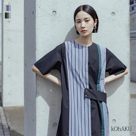 【予約期間限定！6,980円(税込) →6,282円(税込)】『kOhAKU無地×ストライプ切替ワンピース』[ワンピース レディース ドレス ロング丈 半袖 無地 ストライプ柄 ベルトデザイン シャツ生地 体型カバー ロングワンピ 春 夏]※メール便可※【10】